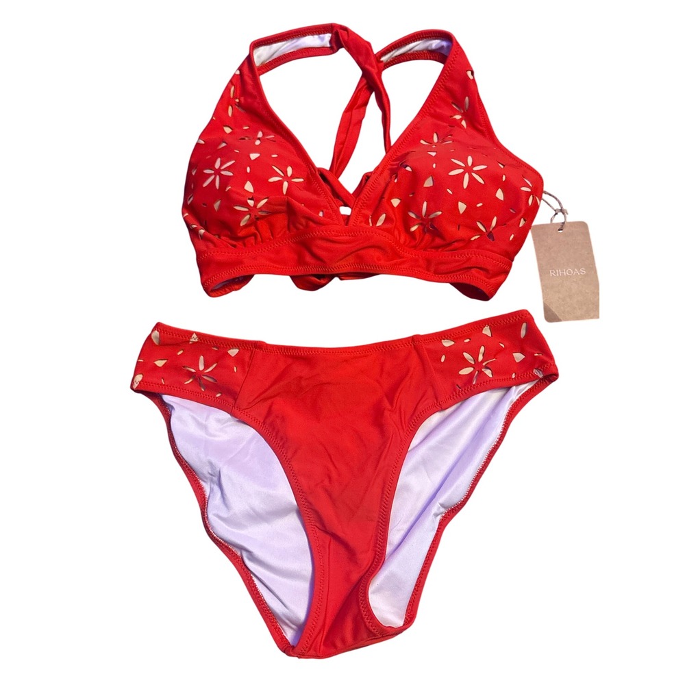 NWT RIHOAS Red Floral Cutout Halter Bikini 2 Piece Swimsuit Set Size M